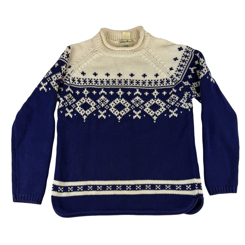 Eddie Bauer Sweater Womens Petite Medium Blue Fair Isle Nordic Cotton Roll Neck